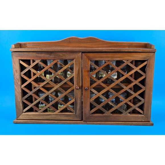 Vtg Wagner Wood Spice Apothecary Cabinet w/ 18 Jars Salt & Pepper Grinders 70s